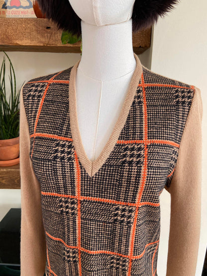 Vintage 1970s Beige Plaid Knit Sweater