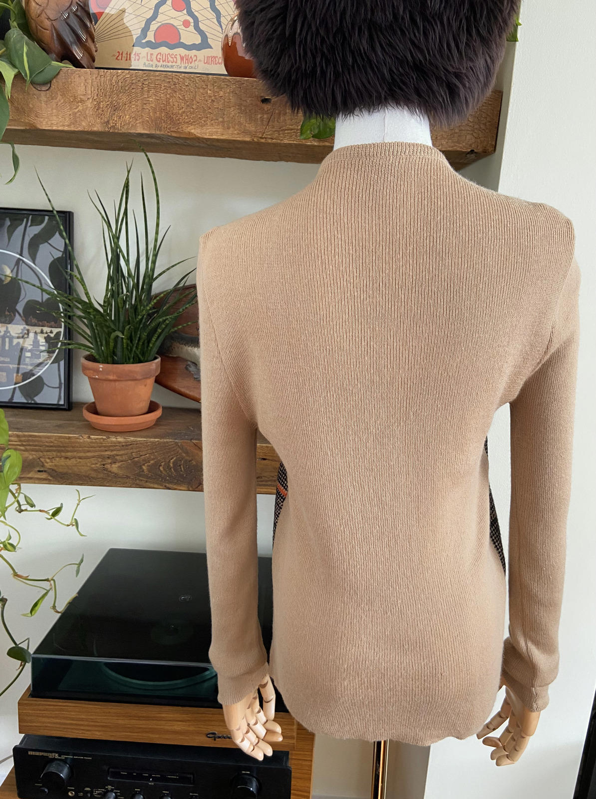 Vintage 1970s Beige Plaid Knit Sweater