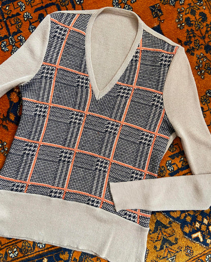 Vintage 1970s Beige Plaid Knit Sweater