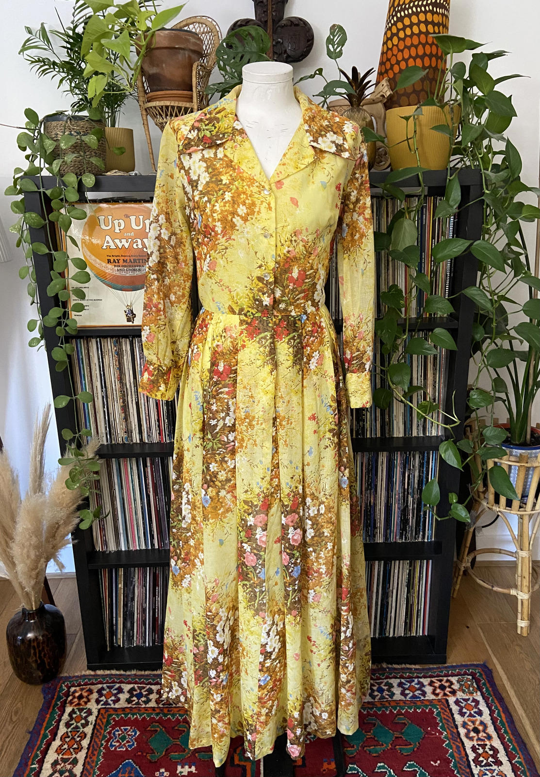 Vintage 1960s Yellow Floral Shirt Dress