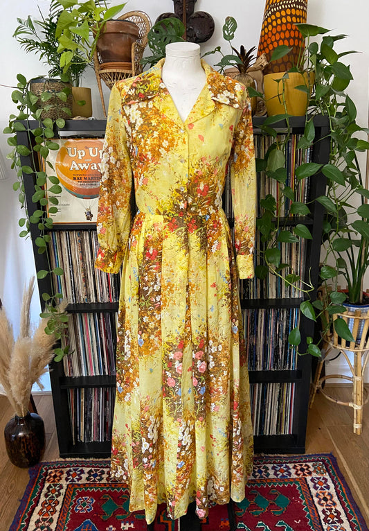 Vintage 1960s Yellow Floral Shirt Dress
