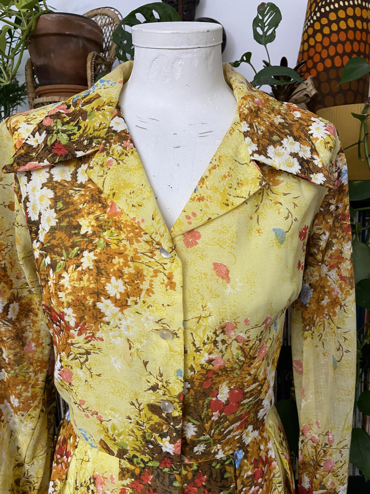 Vintage 1960s Yellow Floral Shirt Dress
