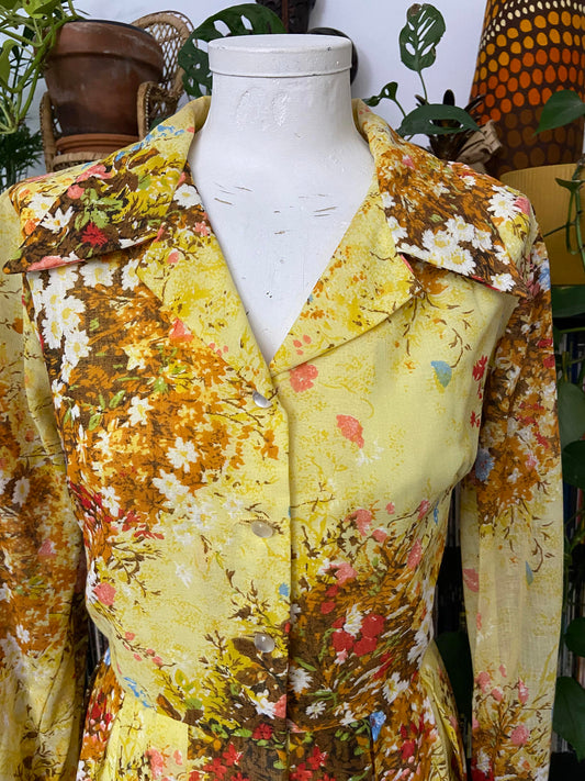 Vintage 1960s Yellow Floral Shirt Dress