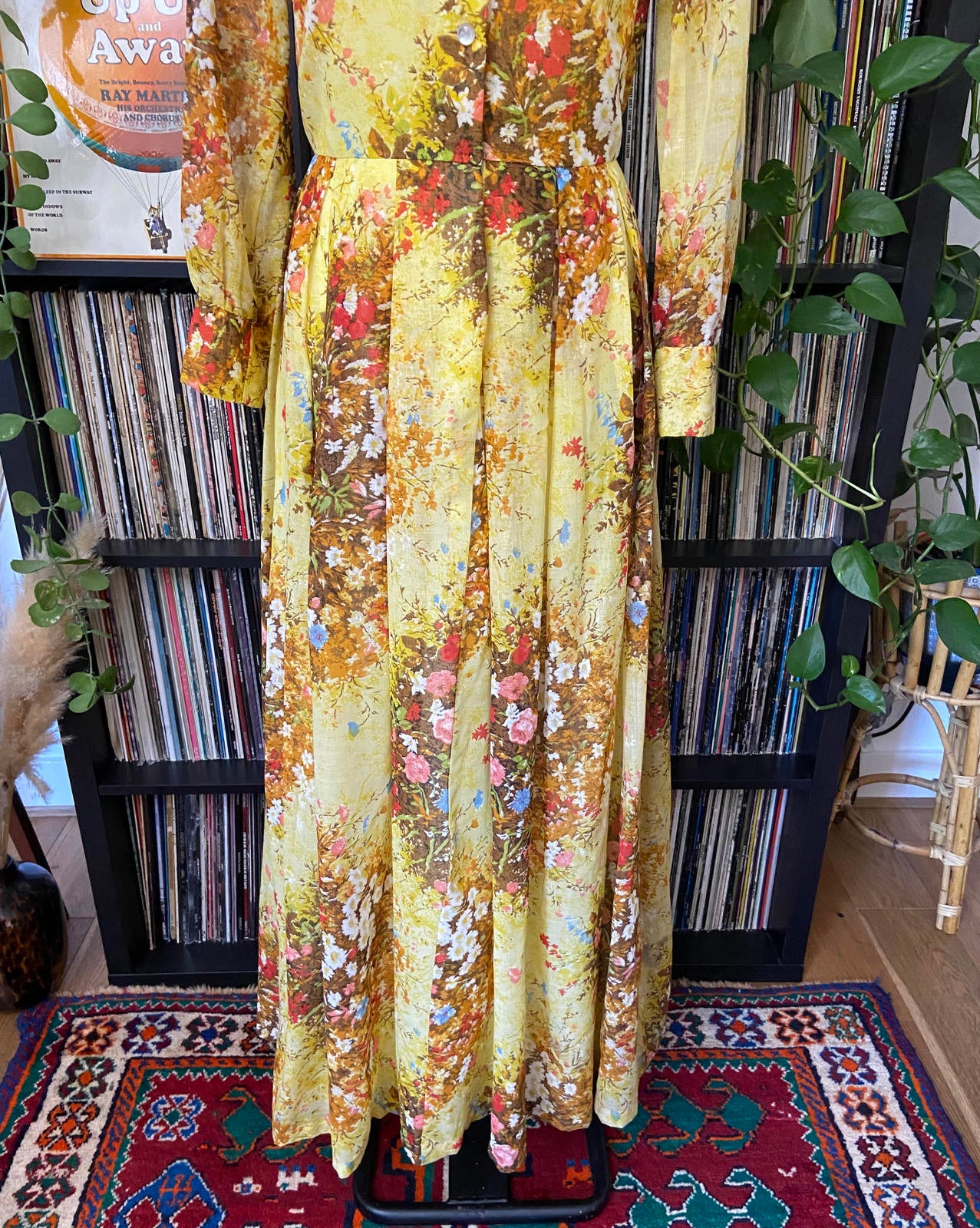 Vintage 1960s Yellow Floral Shirt Dress