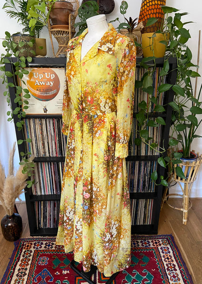 Vintage 1960s Yellow Floral Shirt Dress