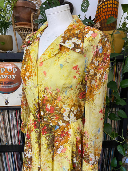 Vintage 1960s Yellow Floral Shirt Dress
