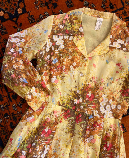 Vintage 1960s Yellow Floral Shirt Dress