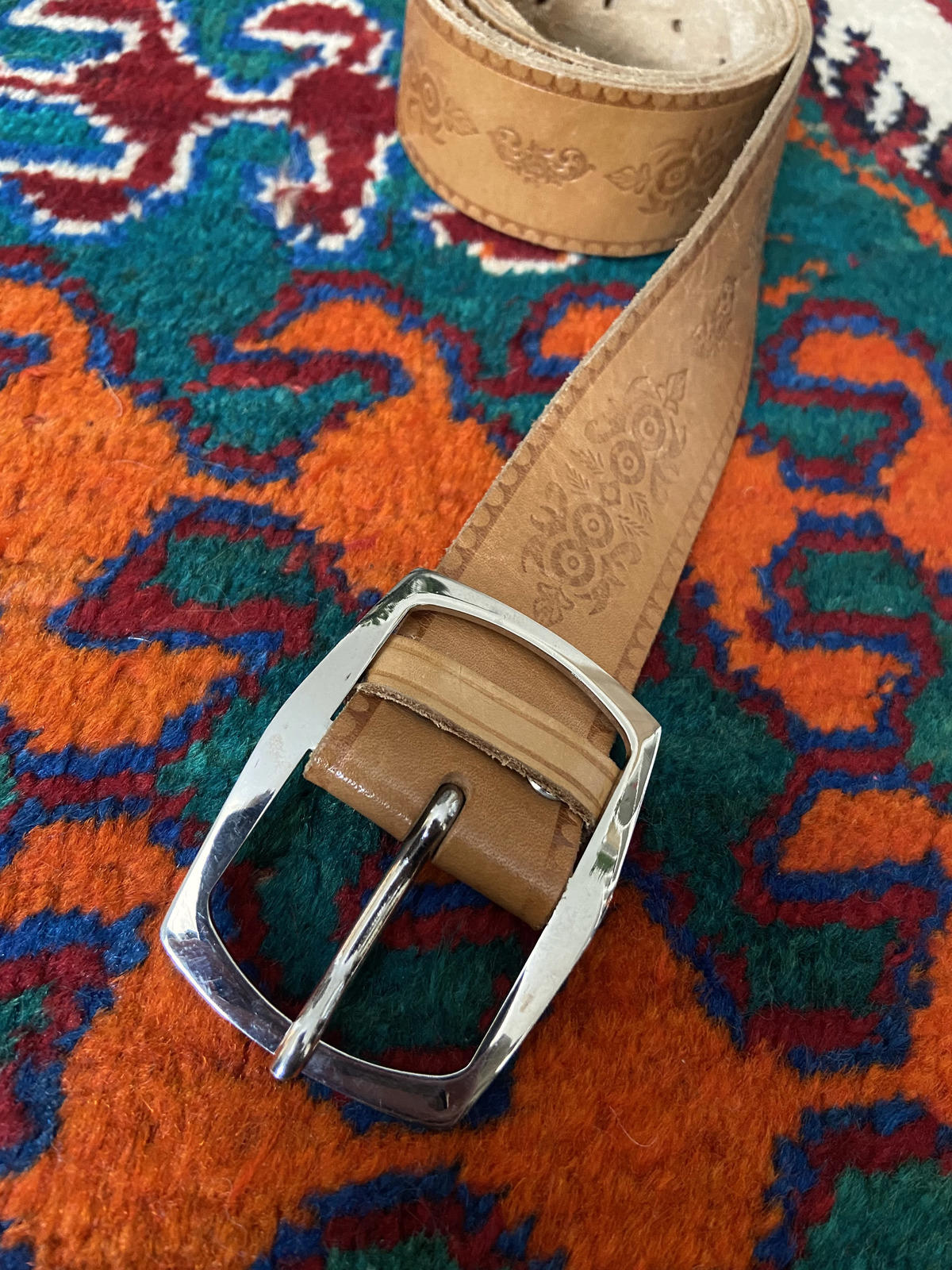 Vintage Tan Embossed Leather Belt