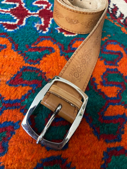 Vintage Tan Embossed Leather Belt
