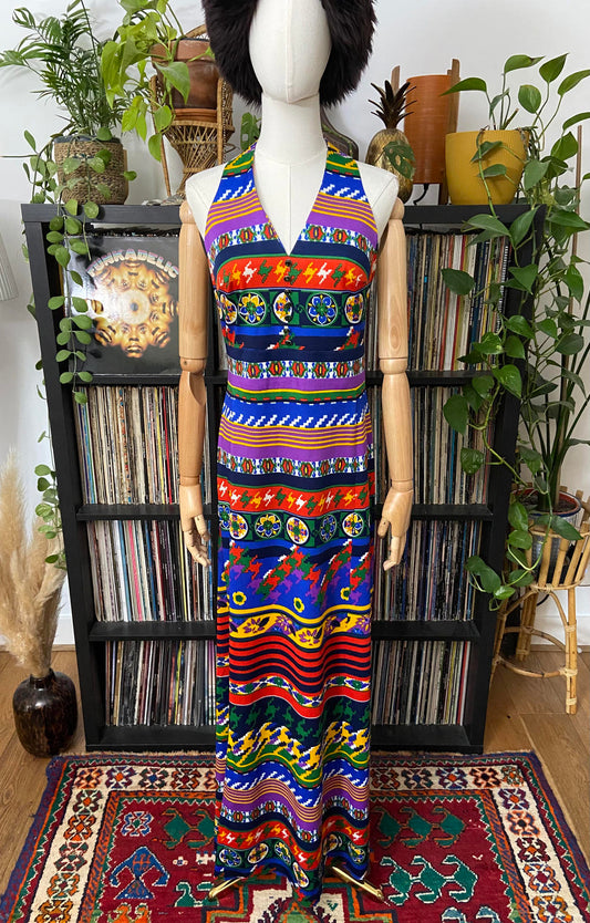 Vintage 1970s Psychedelic Halterneck Maxi Dress