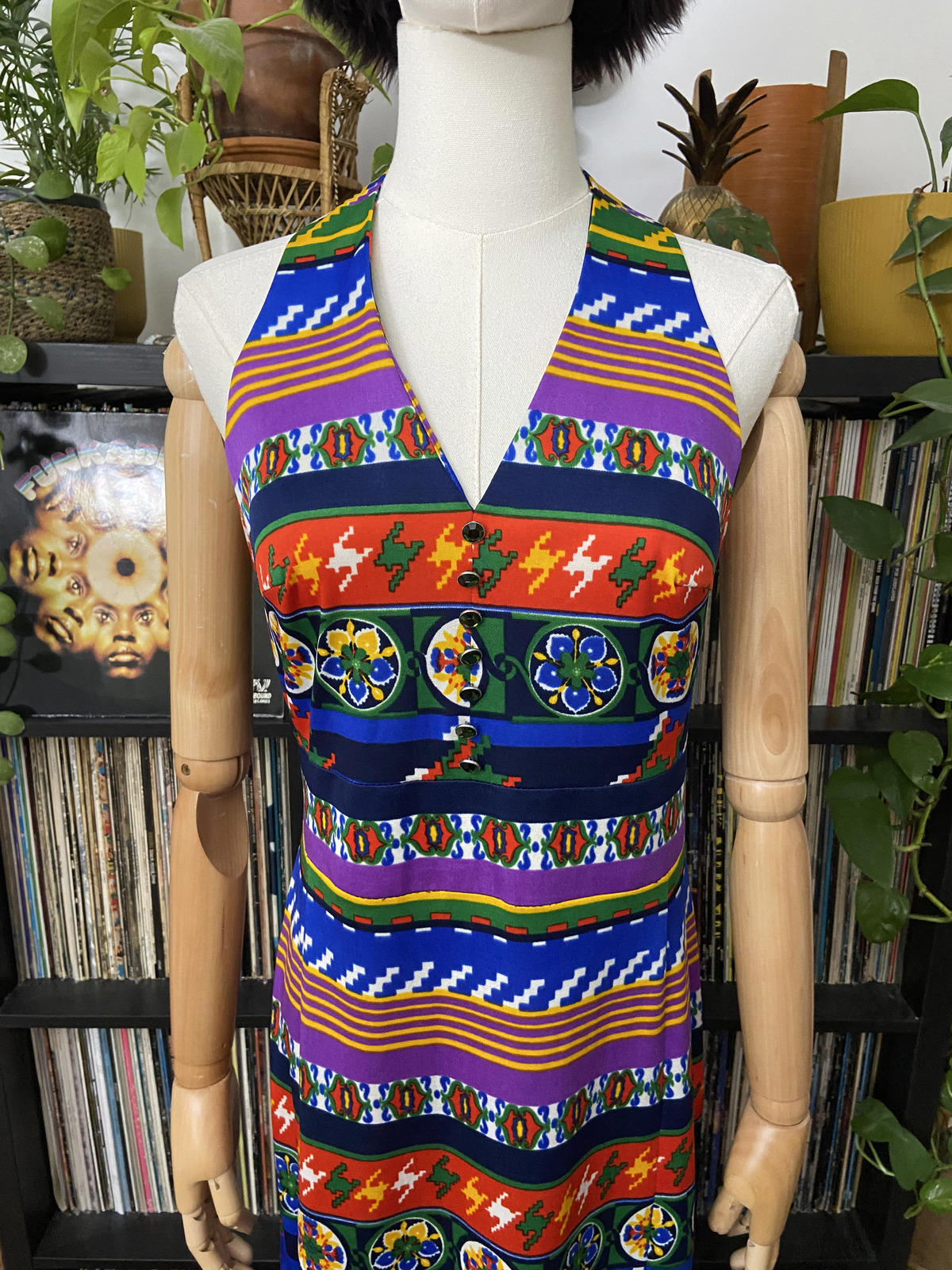 Vintage 1970s Psychedelic Halterneck Maxi Dress