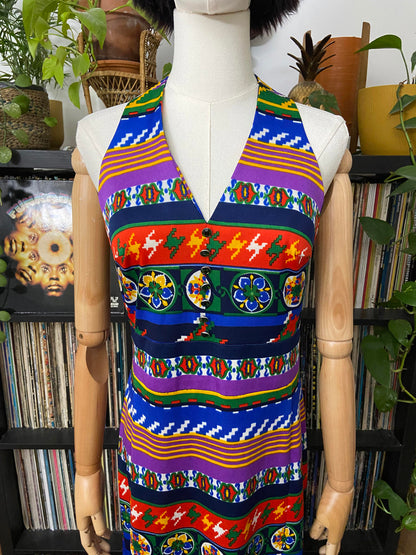 Vintage 1970s Psychedelic Halterneck Maxi Dress