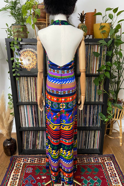 Vintage 1970s Psychedelic Halterneck Maxi Dress
