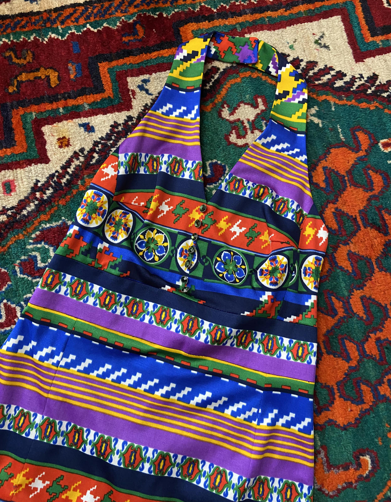 Vintage 1970s Psychedelic Halterneck Maxi Dress