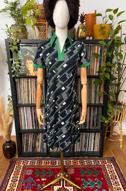 Vintage 1960s Navy Green Mod Shirt Dress