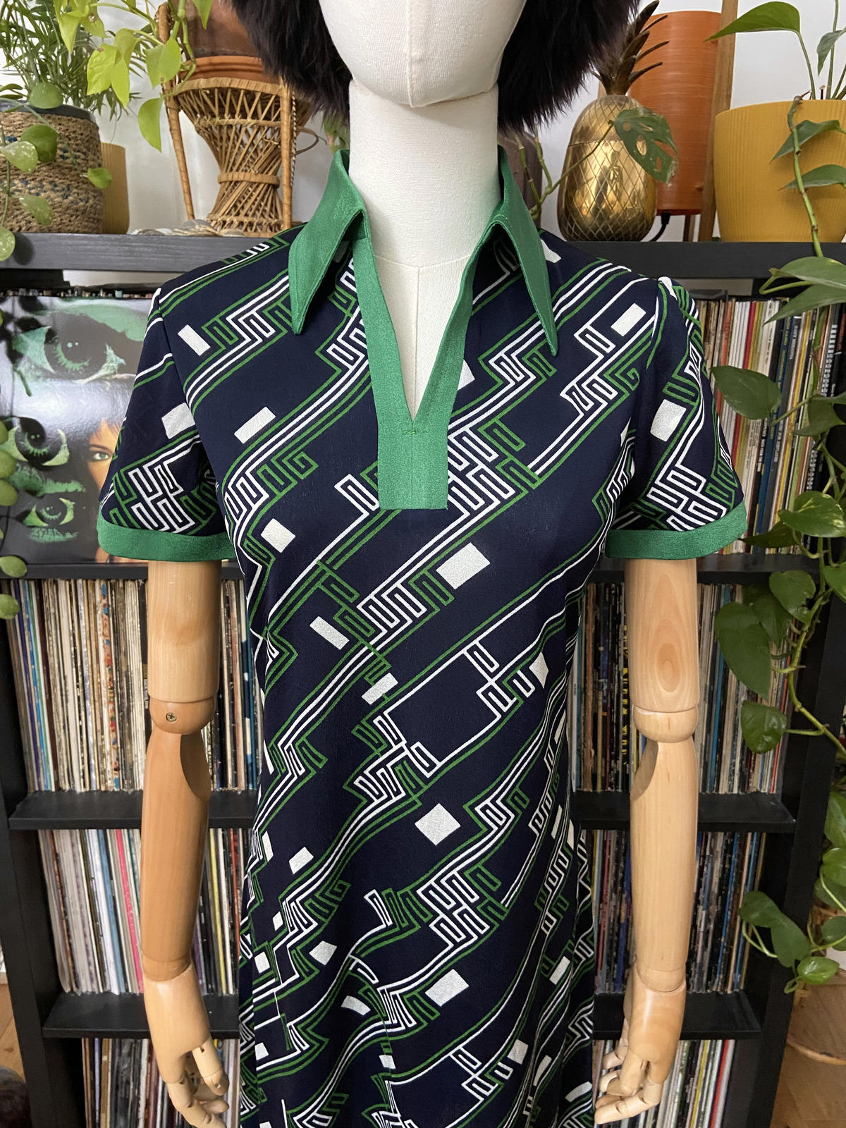 Vintage 1960s Navy Green Mod Shirt Dress