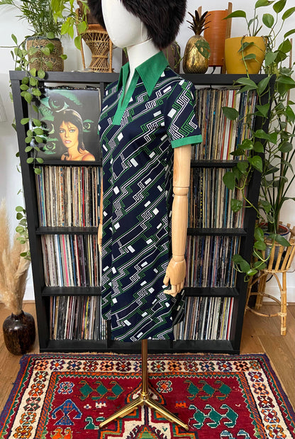 Vintage 1960s Navy Green Mod Shirt Dress