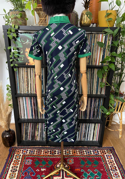 Vintage 1960s Navy Green Mod Shirt Dress