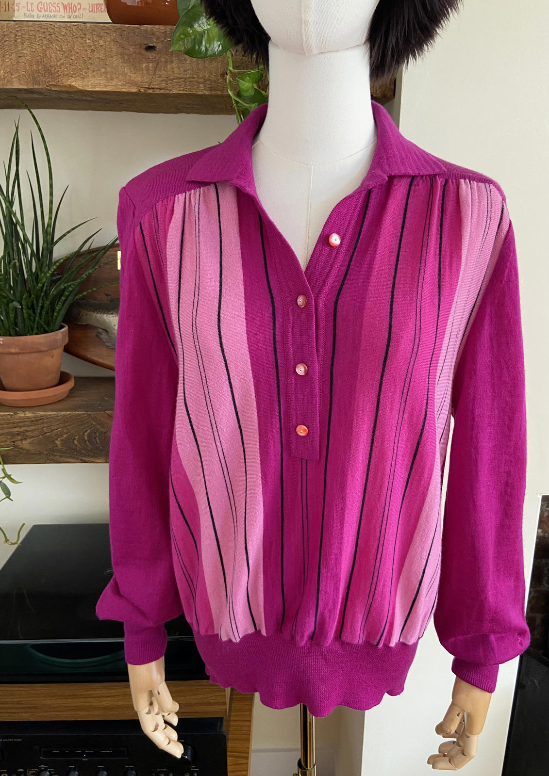 Vintage 1980s Magenta Knit Polo Top