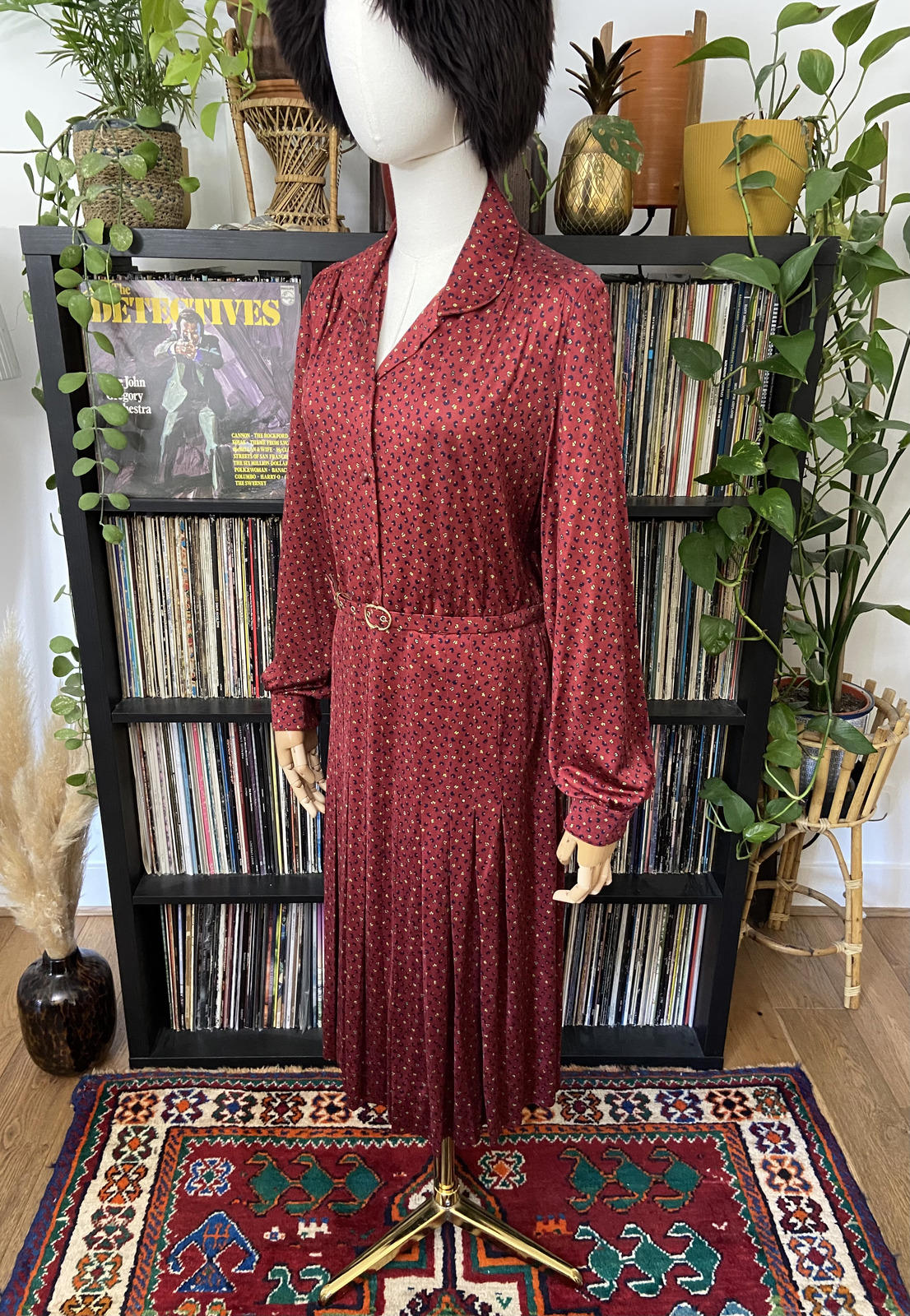 Vintage 1980s Burgundy Hand Painted Silk Dress