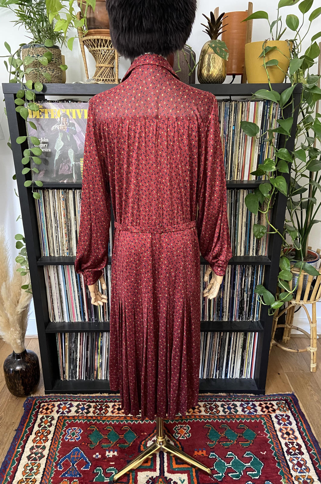 Vintage 1980s Burgundy Hand Painted Silk Dress
