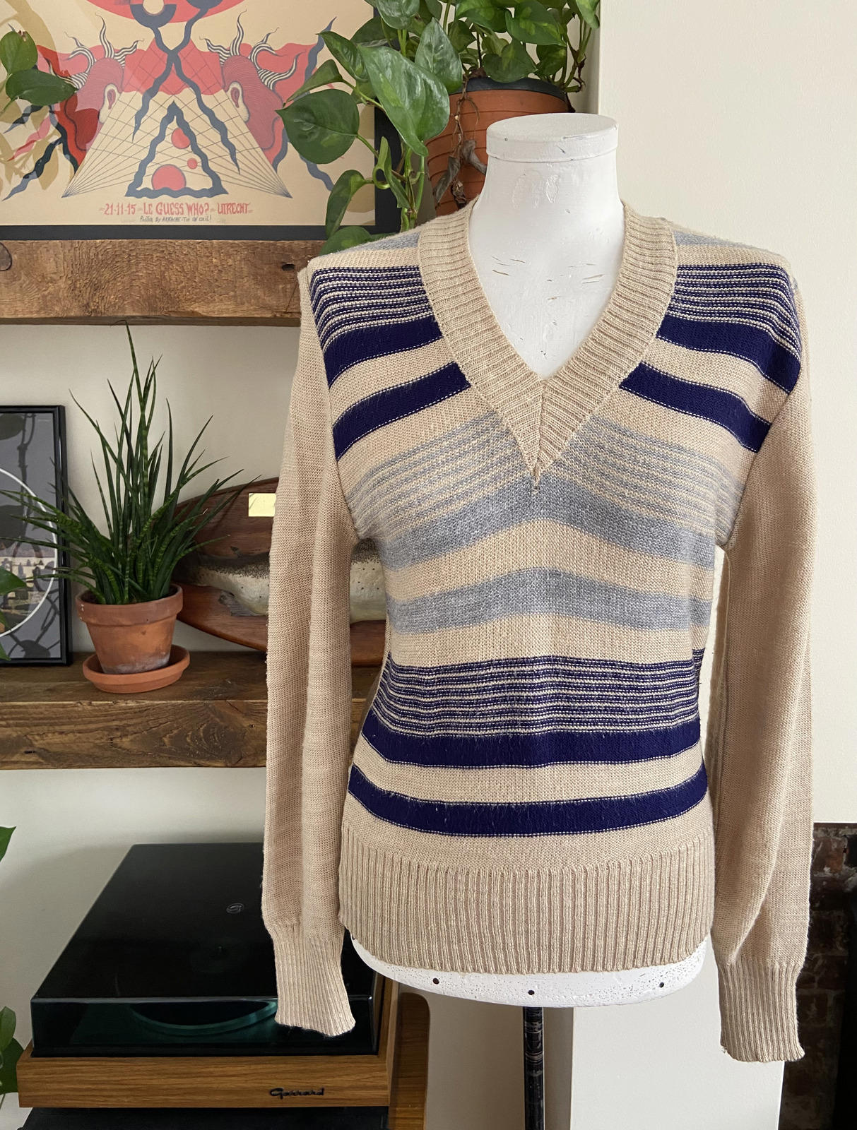Vintage 1980s Beige Navy Striped Jumper