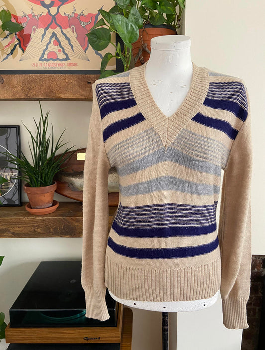 Vintage 1980s Beige Navy Striped Jumper