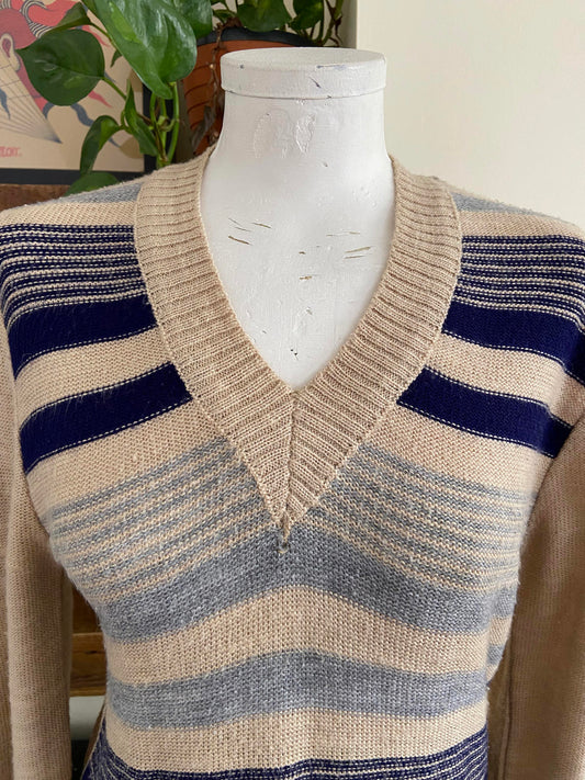 Vintage 1980s Beige Navy Striped Jumper