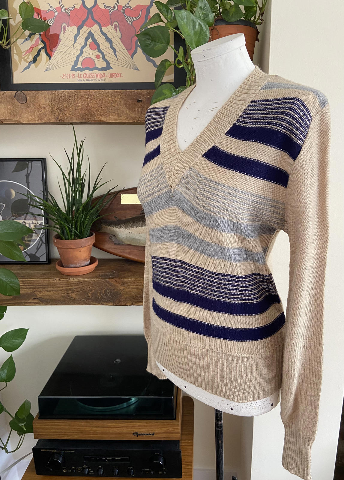 Vintage 1980s Beige Navy Striped Jumper