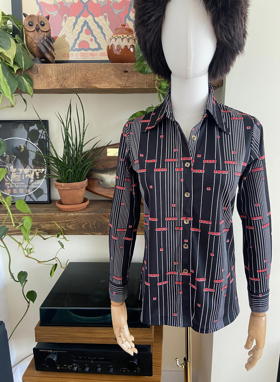 Vintage 1970s Black Geometric Japanese Jersey Shirt