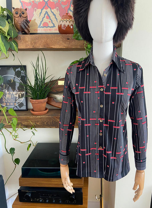 Vintage 1970s Black Geometric Japanese Jersey Shirt