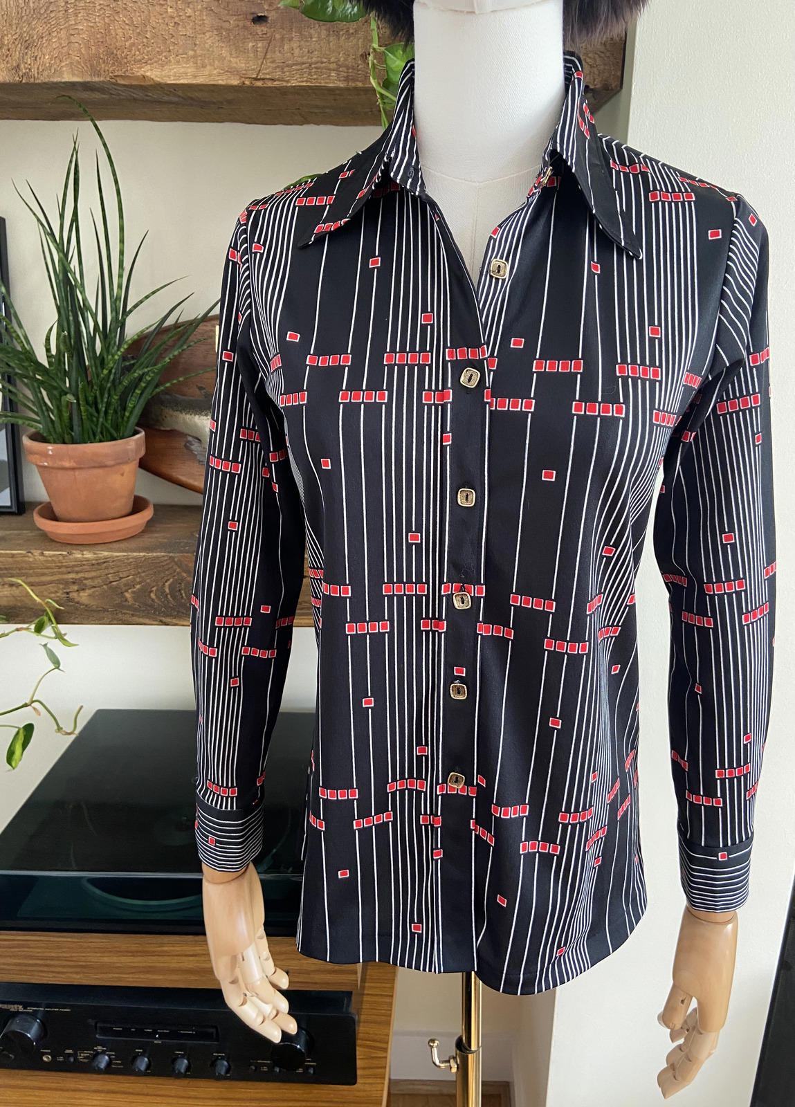 Vintage 1970s Black Geometric Japanese Jersey Shirt