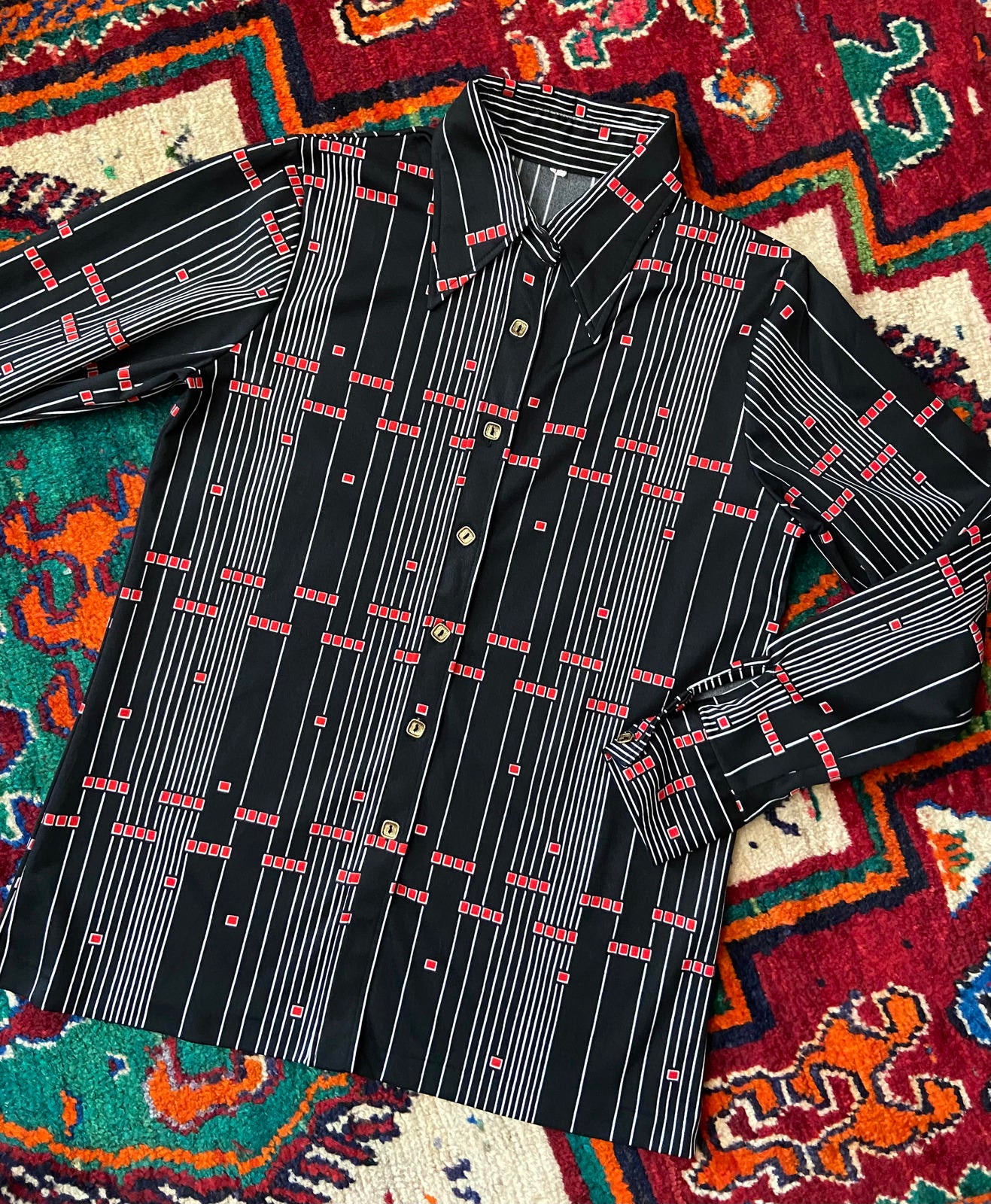 Vintage 1970s Black Geometric Japanese Jersey Shirt