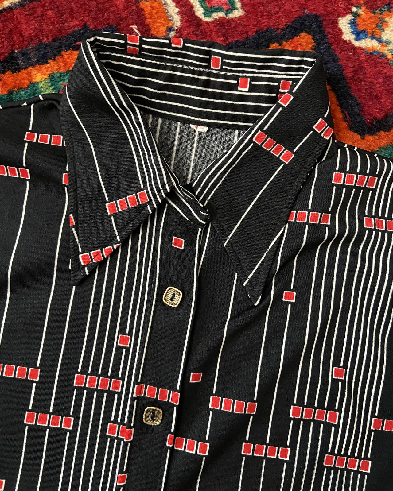 Vintage 1970s Black Geometric Japanese Jersey Shirt
