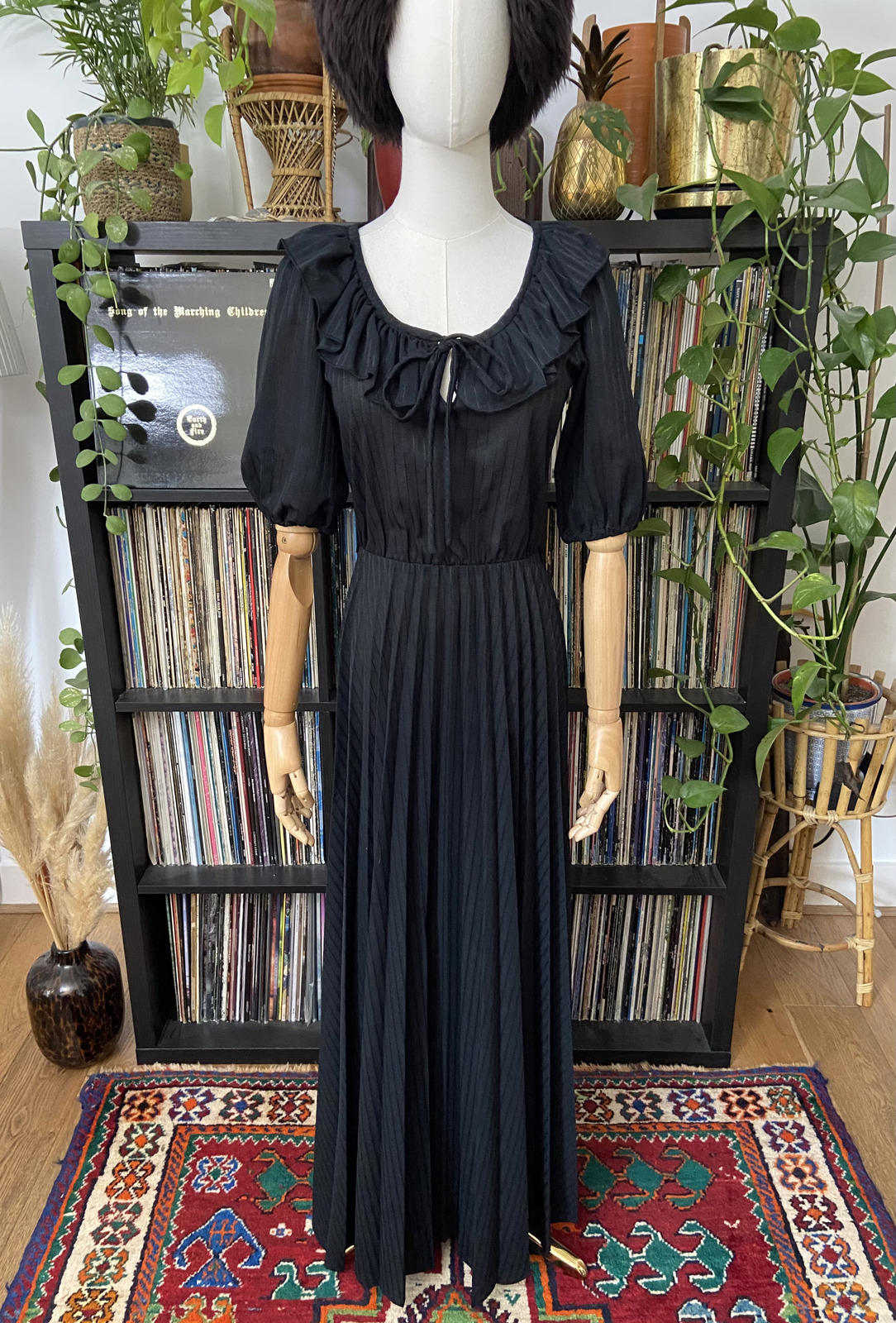 Vintage 1980s Black Ruffle Neck C&A Maxi Dress