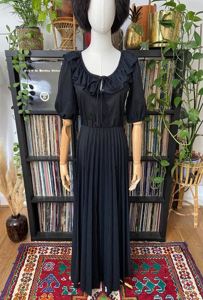 Vintage 1980s Black Ruffle Neck C&A Maxi Dress