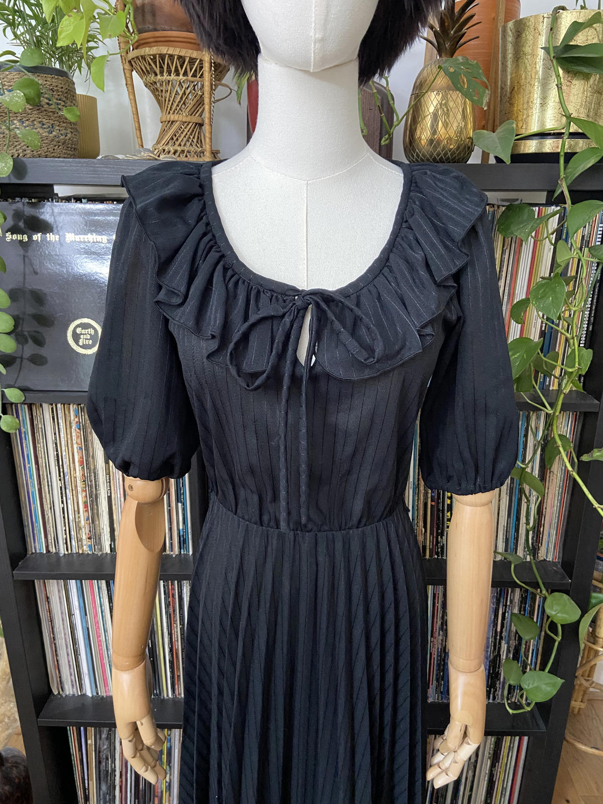 Vintage 1980s Black Ruffle Neck C&A Maxi Dress