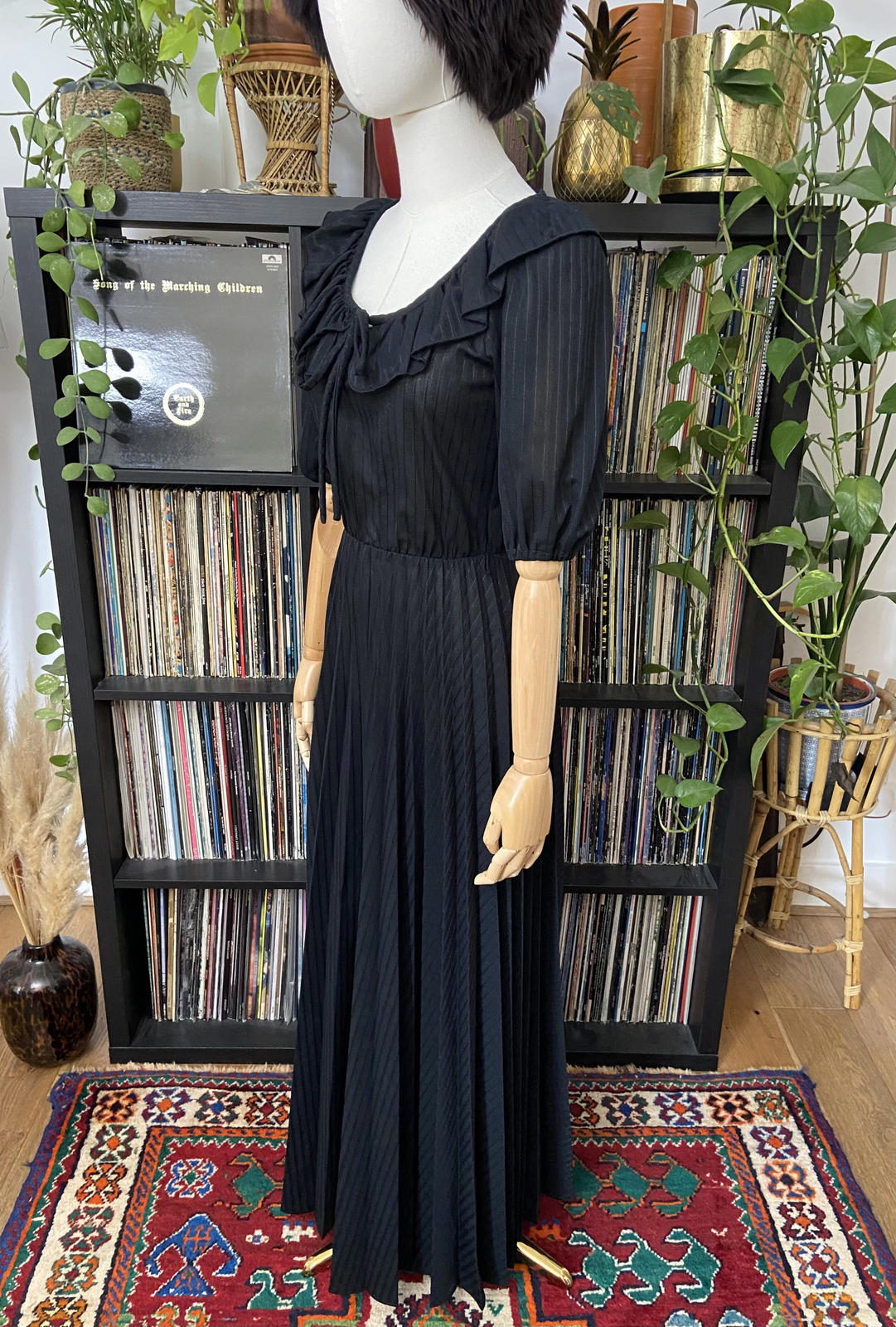 Vintage 1980s Black Ruffle Neck C&A Maxi Dress