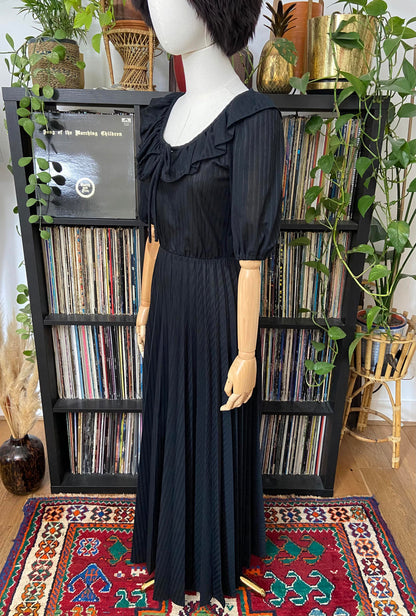 Vintage 1980s Black Ruffle Neck C&A Maxi Dress