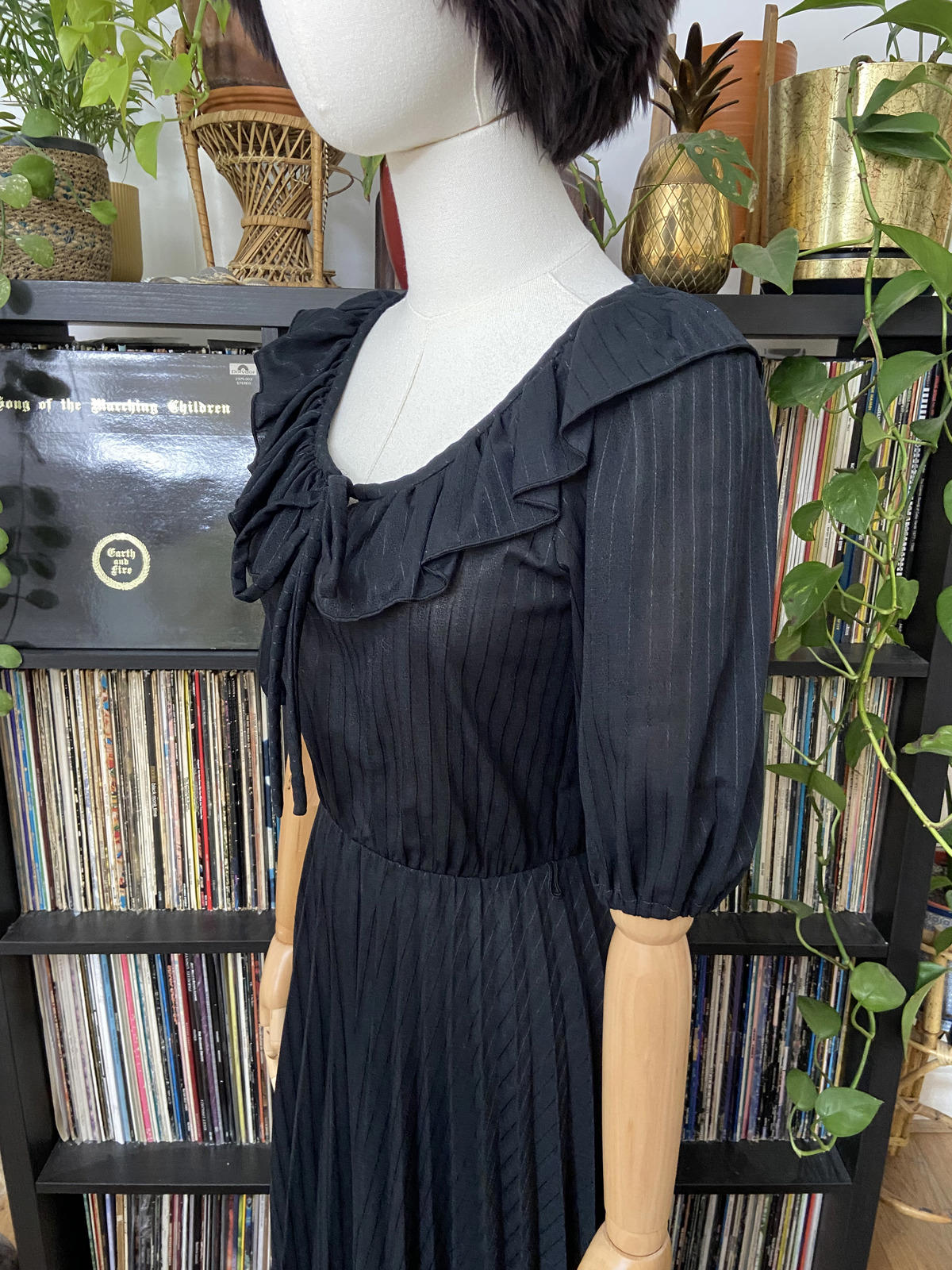 Vintage 1980s Black Ruffle Neck C&A Maxi Dress