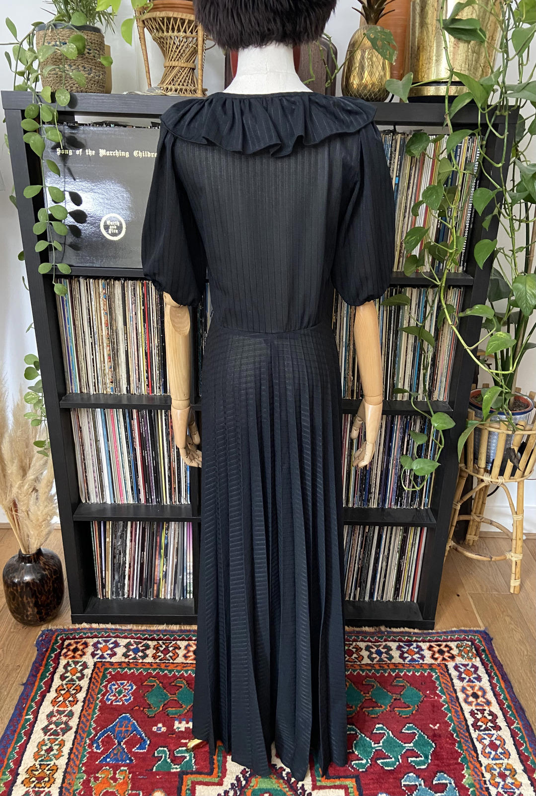 Vintage 1980s Black Ruffle Neck C&A Maxi Dress