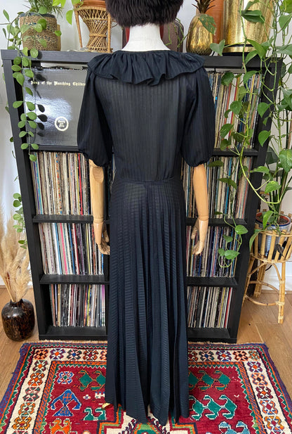 Vintage 1980s Black Ruffle Neck C&A Maxi Dress