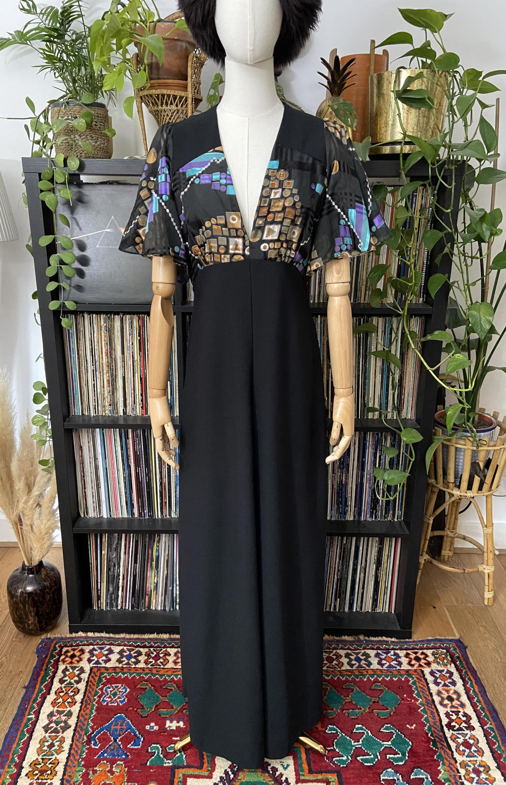 Vintage 1970s Geometric Flutter Sleeve Maxi Dress