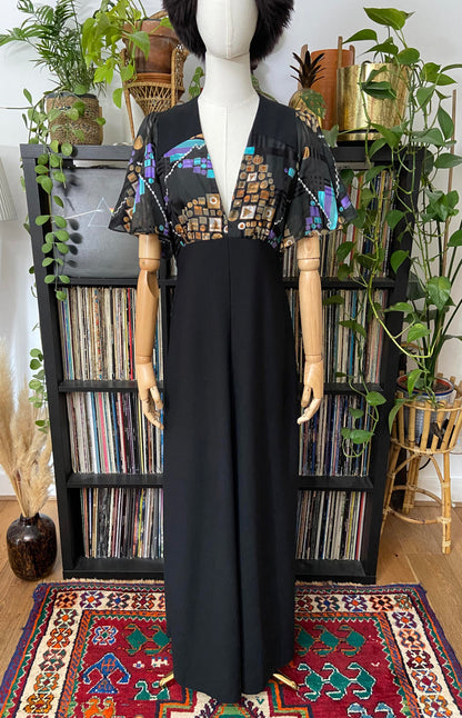 Vintage 1970s Geometric Flutter Sleeve Maxi Dress