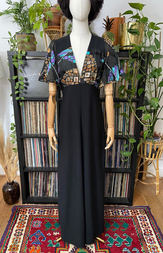 Vintage 1970s Geometric Flutter Sleeve Maxi Dress