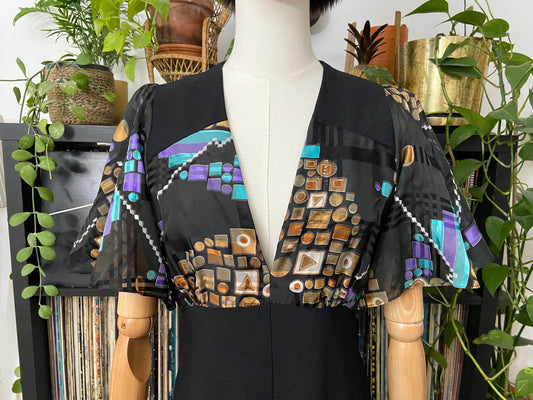 Vintage 1970s Geometric Flutter Sleeve Maxi Dress