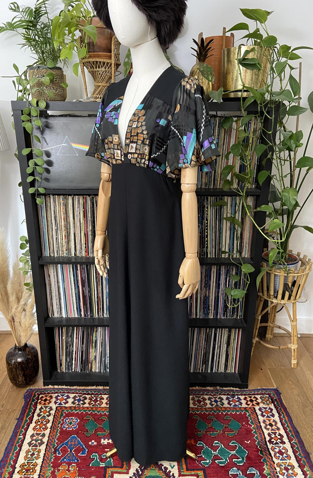 Vintage 1970s Geometric Flutter Sleeve Maxi Dress