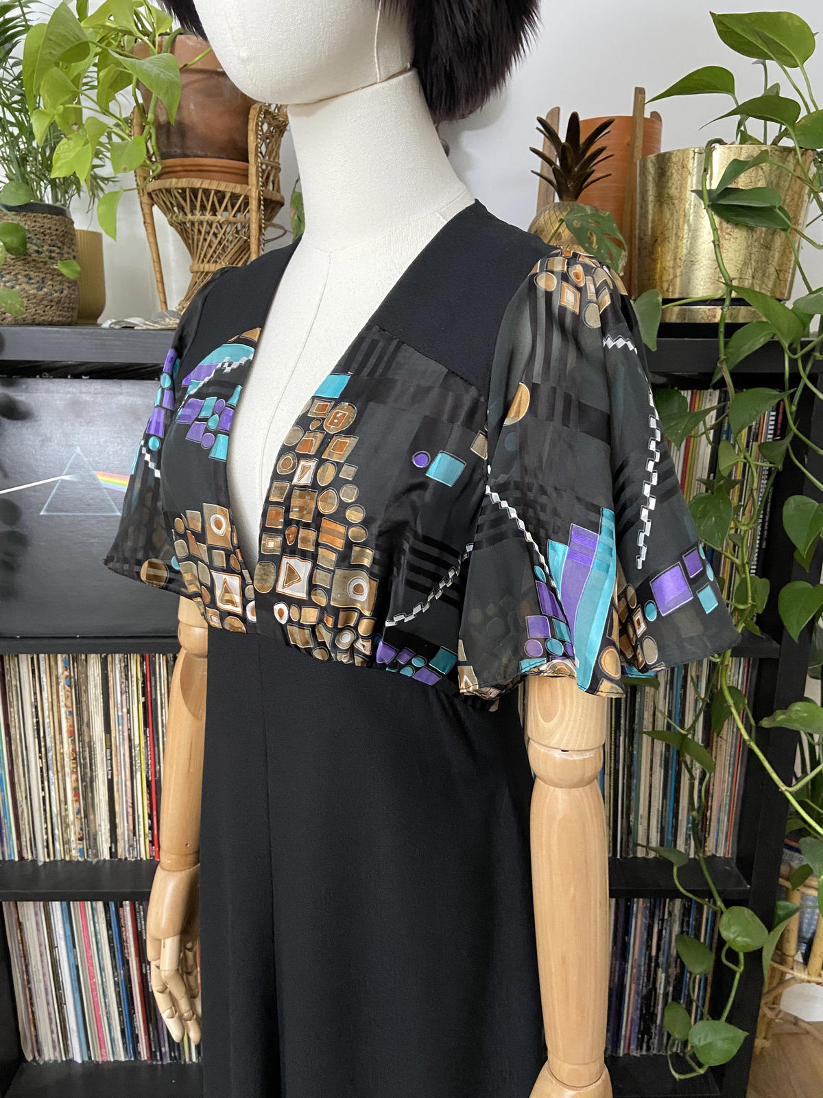 Vintage 1970s Geometric Flutter Sleeve Maxi Dress