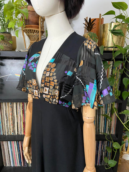 Vintage 1970s Geometric Flutter Sleeve Maxi Dress