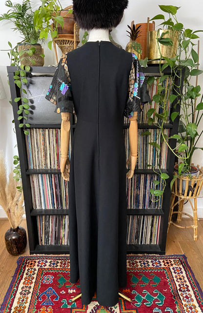 Vintage 1970s Geometric Flutter Sleeve Maxi Dress